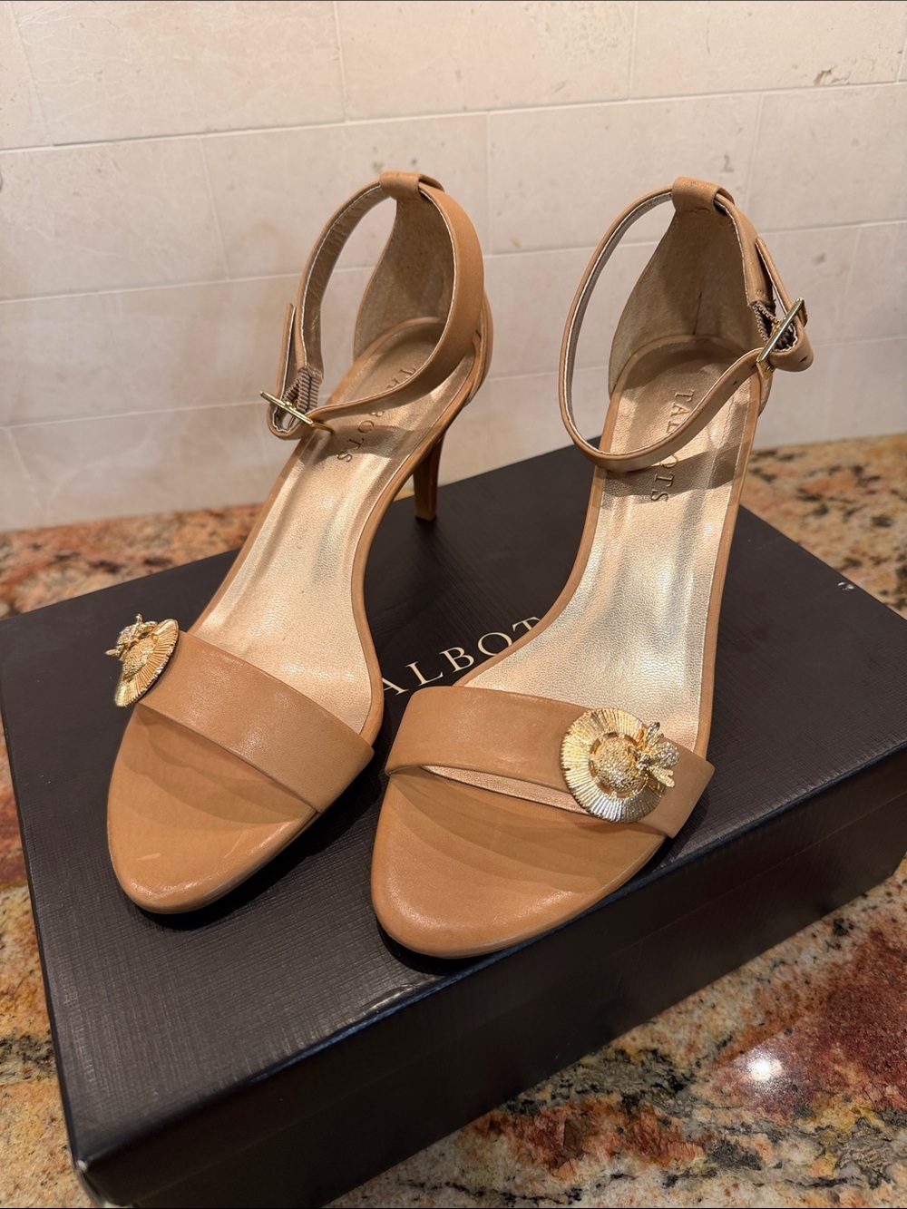 Talbots Tan Leather Ankle-Strap Heels with Gold Medallion